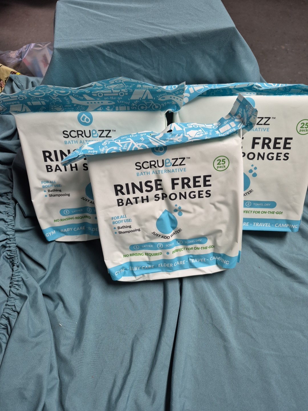Lot Of 3- Scrubzz Bath Alternative Rinse Free Bath Sponges Soap 25 Per Pack