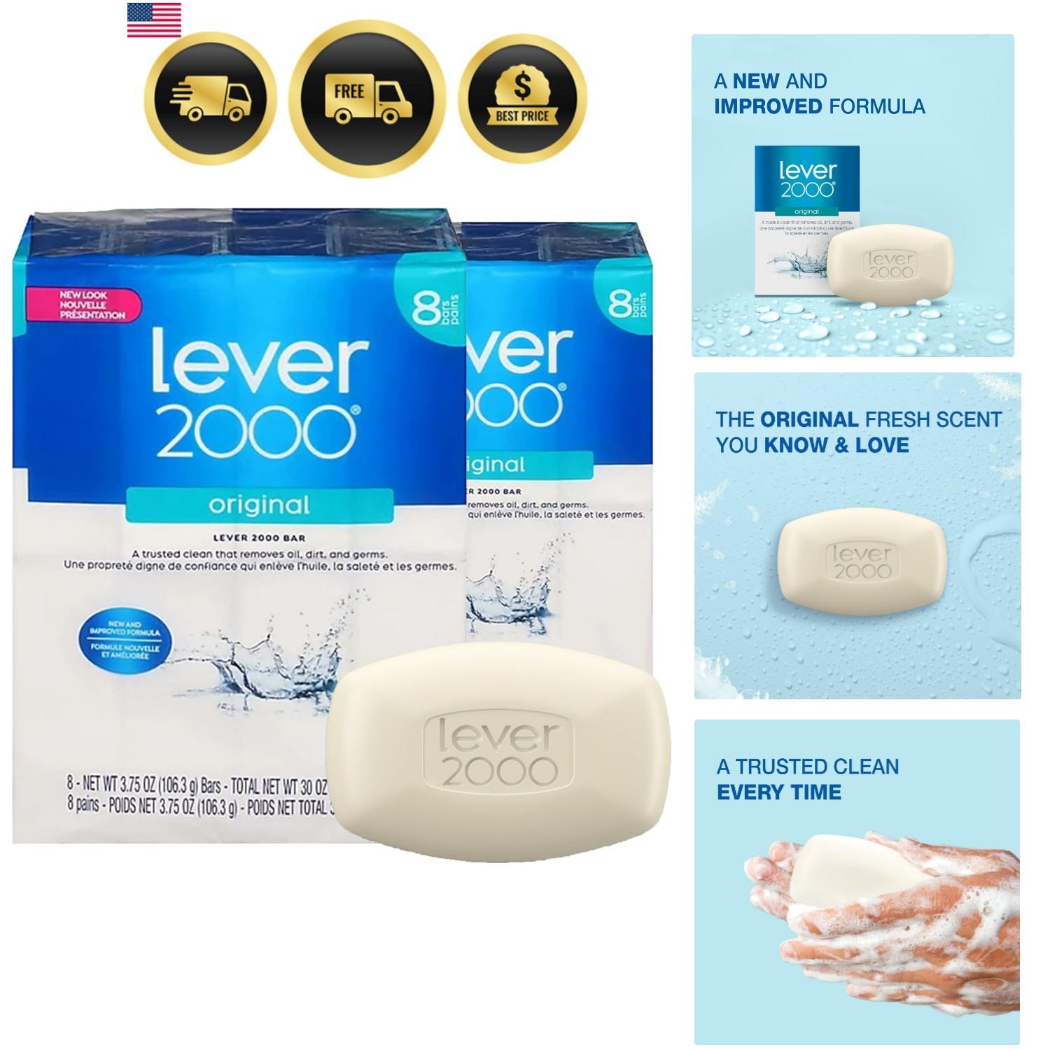 Bar Soap, Trusted Clean for Hands and Body, 8 Bars, 3.75 oz Each Pack of 2