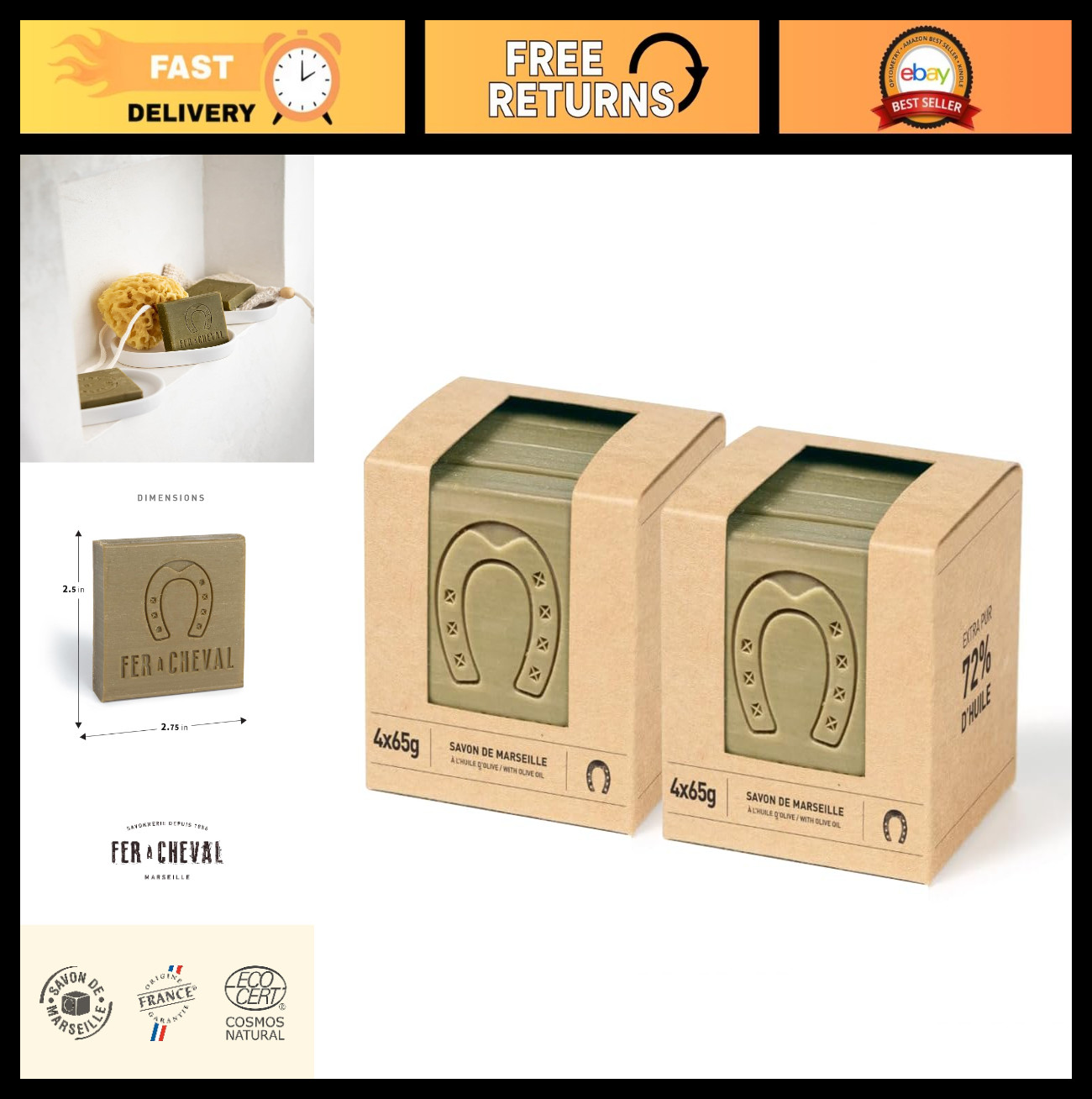 Traditional French Olive Oil Soap Cubes – Palm Oil Free, Gentle Cleansing, 4 x 6