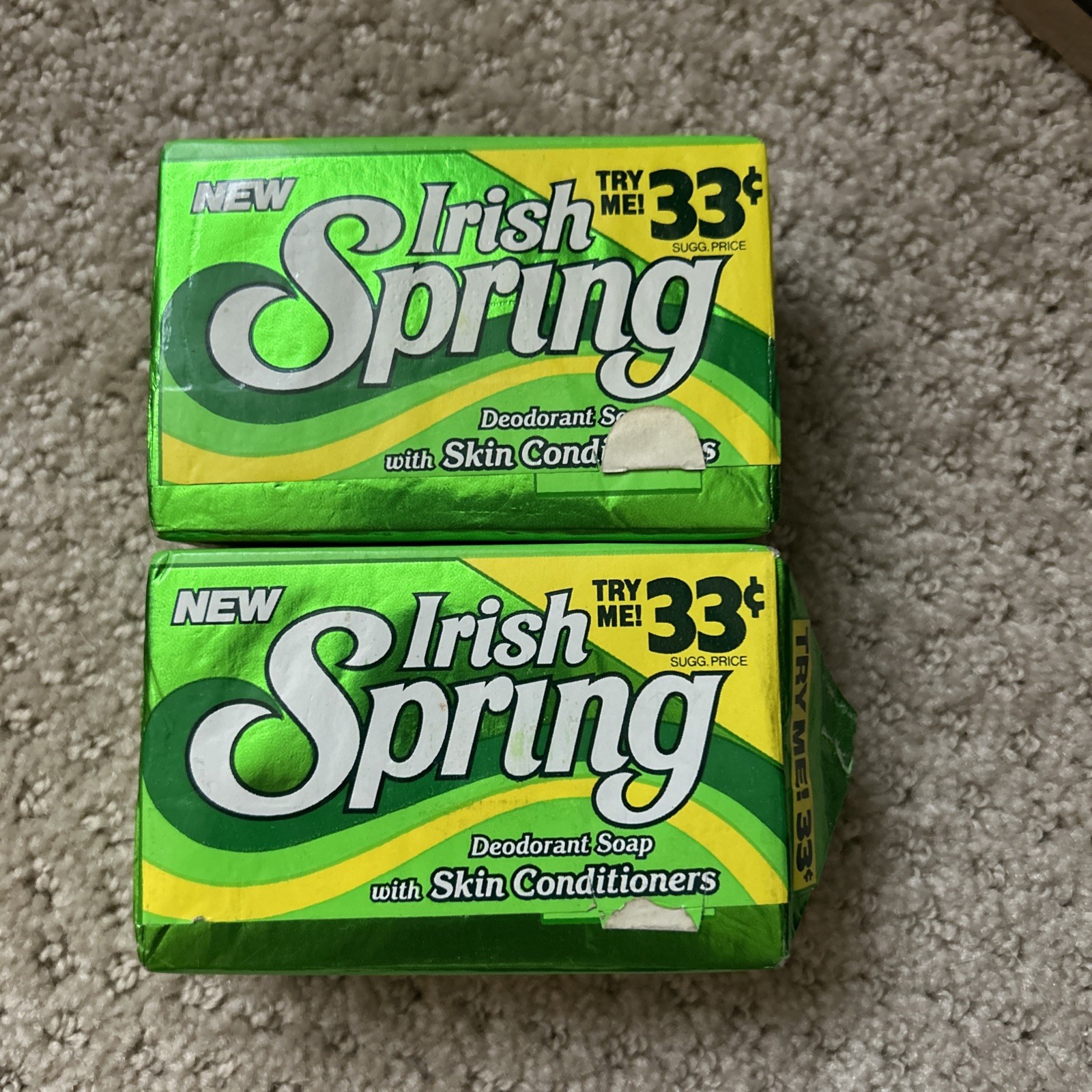 2 Bars of Vintage Irish Spring Deodorant Soap W/ Skin Conditioners Foil-Style