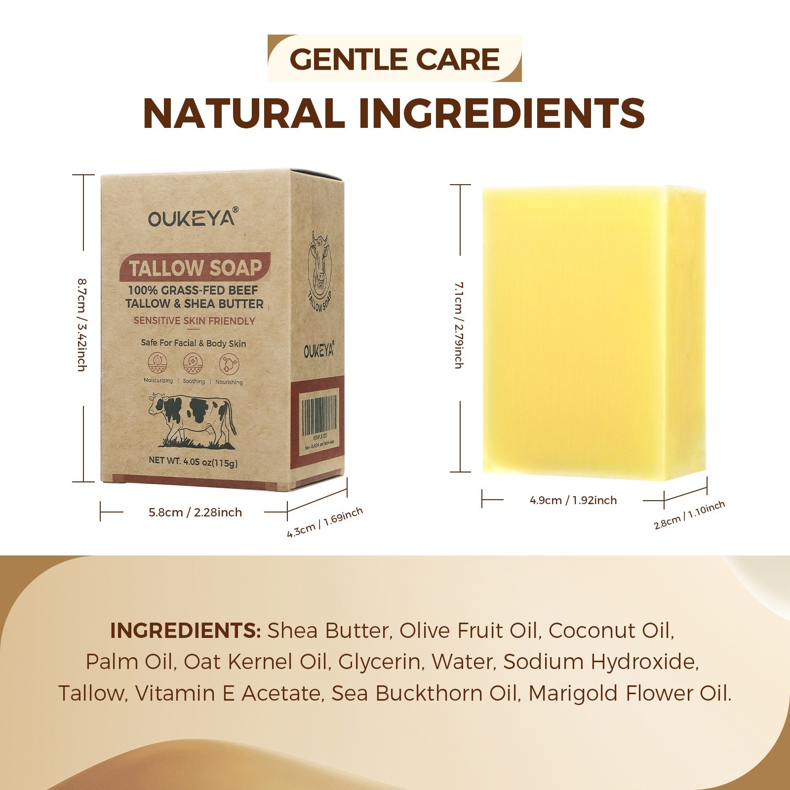 OUKEYA Grass Fed Beef Tallow Soap Gentle Cleansing & Moisturizing For Face, Body