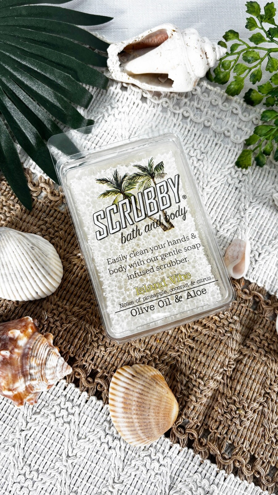 Scrubby Soap New Island Vibe Infused Scrubber- Goat Milk, Aloe, Lavender, Olive