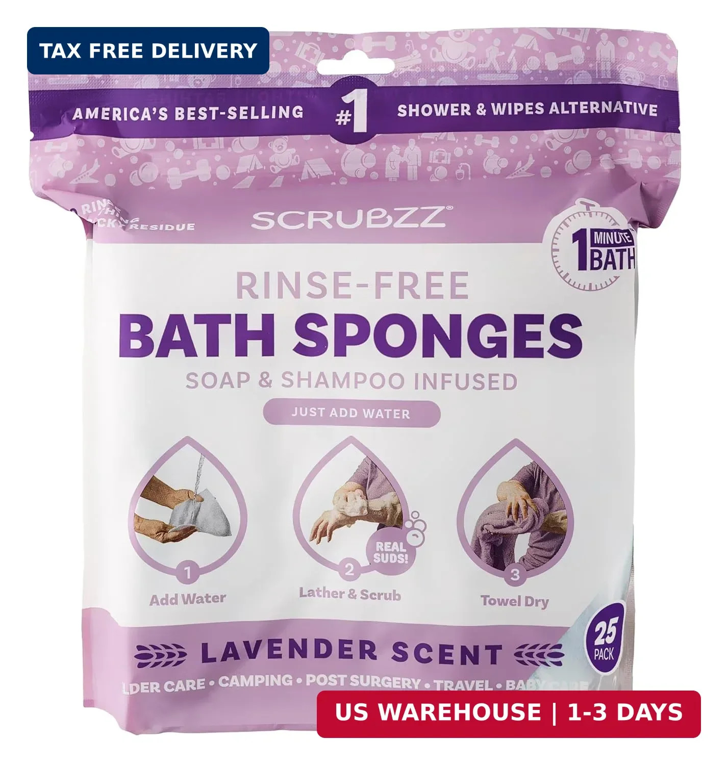 Scrubzz Disposable No Rinse Bathing Wipes – 25 Pack – All-in-1 Single Use Shower