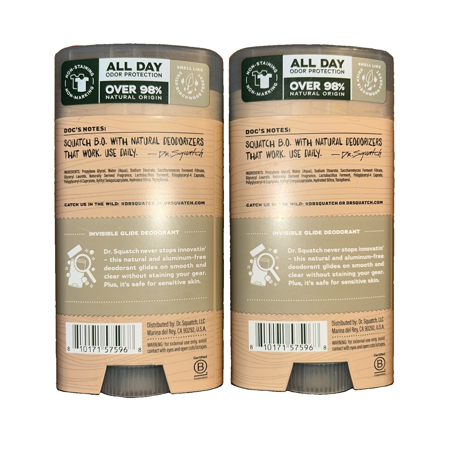 New! 2-Pack Dr. Squatch BIRCHWOOD BREEZE Invisible Glide Deodorant 2.65oz