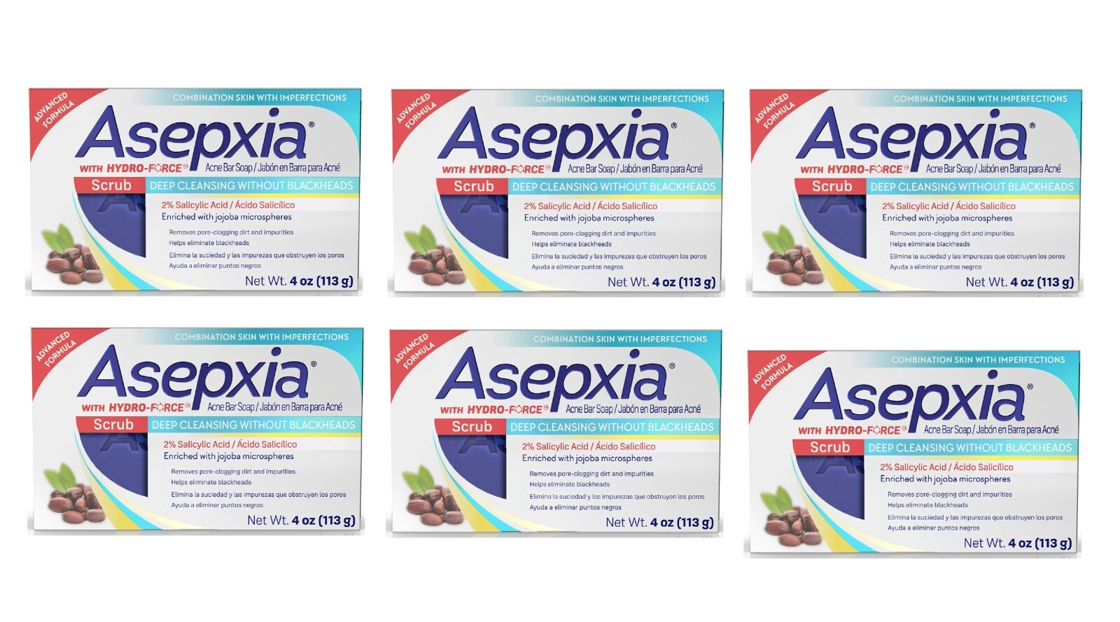 6-Pack Asepxia Acne Scrub Bar Soap with 2% Salicylic Acid – Deep Cleansing 4 oz
