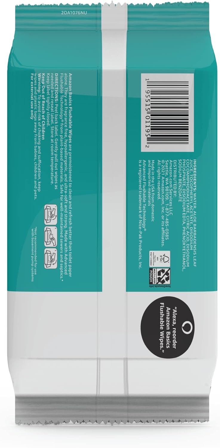 Amazon Basics Adult Wet Wipes Flushable Fragrance Free, 42 Count (Pack of 3)