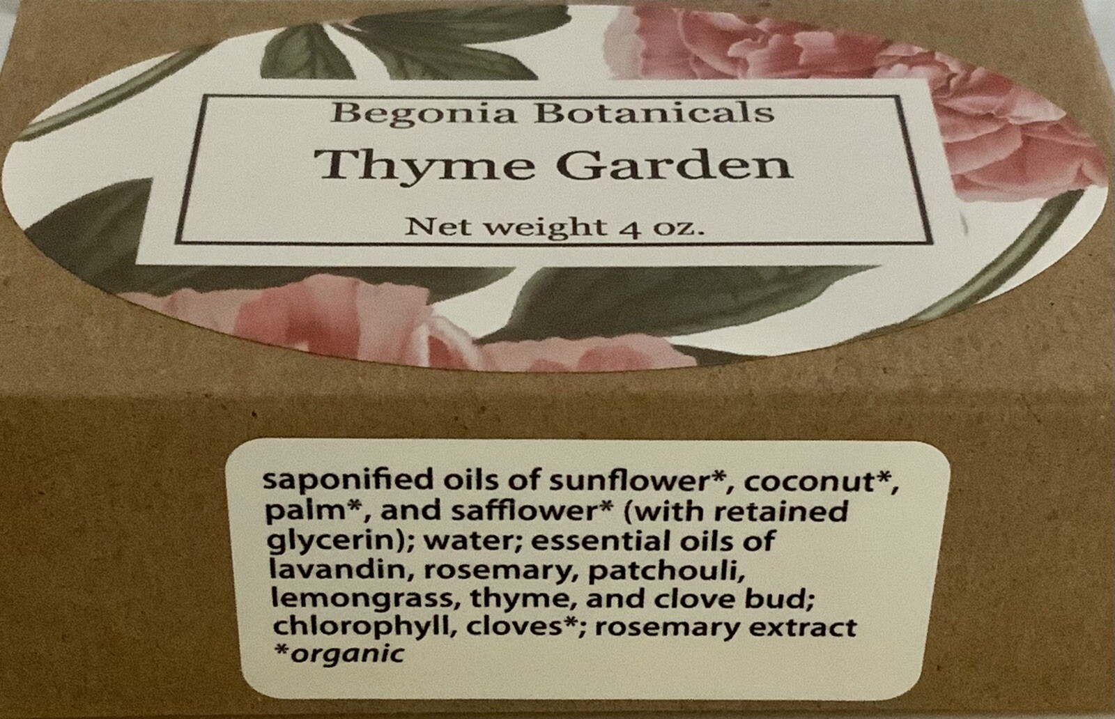 Begonia Botanicals Organic Soap Bar 4oz. Thyme Garden Women Or Men
