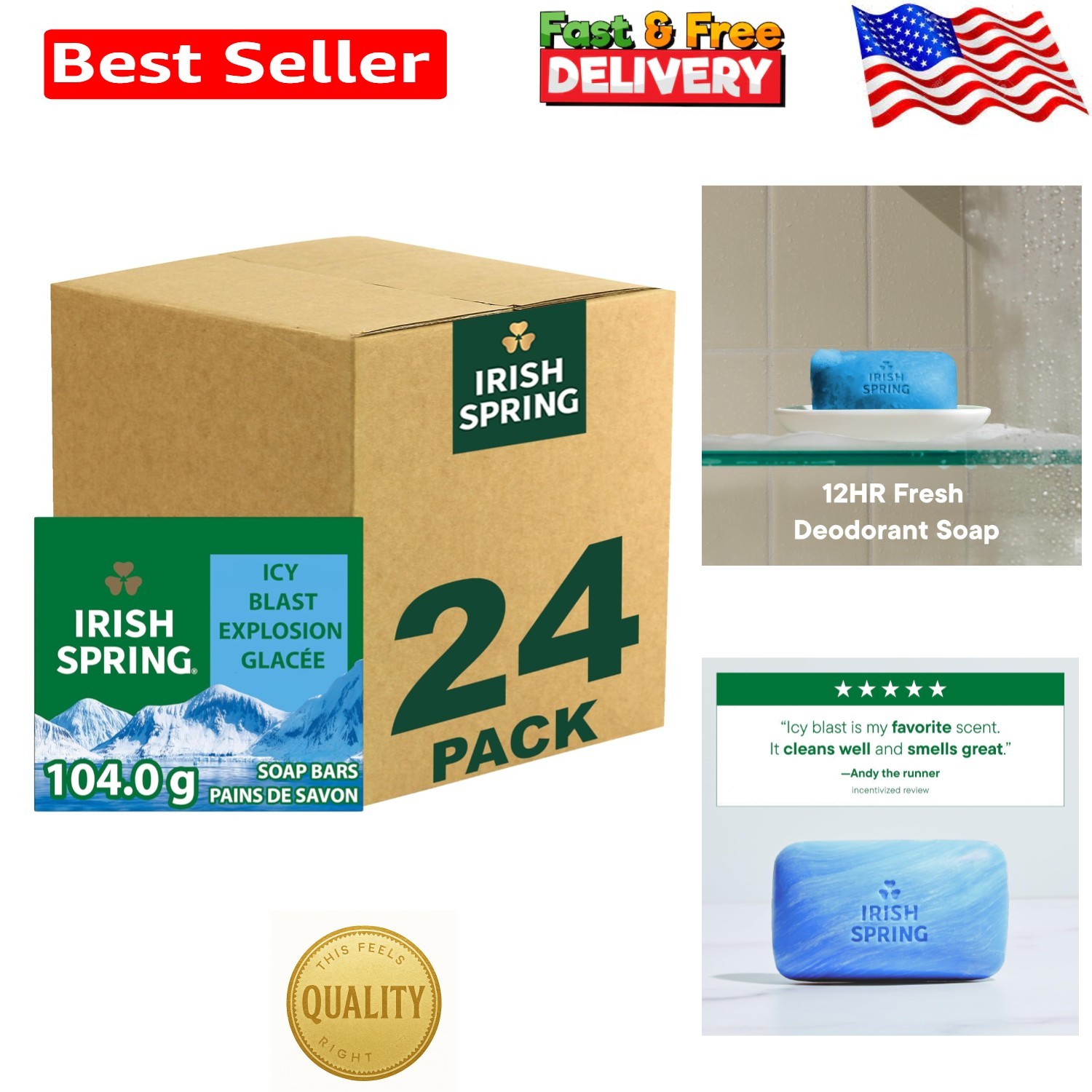 Icy Blast Men’s Bar Soap – 98% Natural, 24 x 3.7 oz for All Skin Types