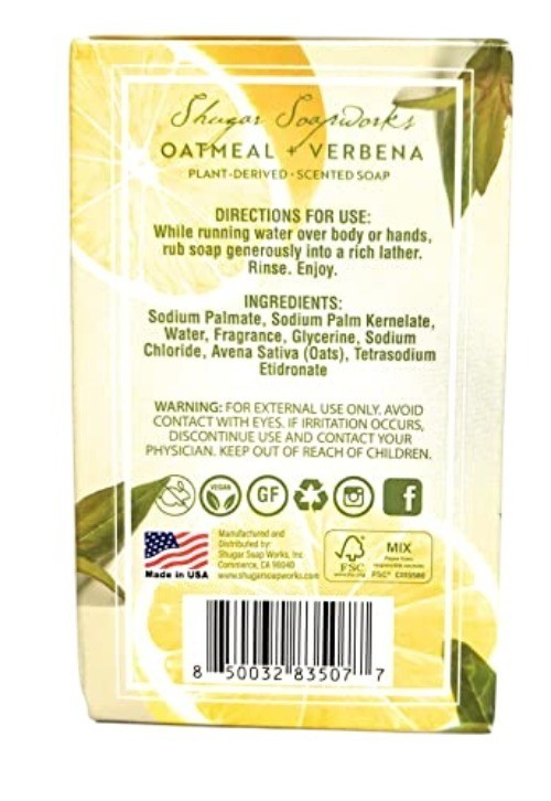 Shugar Soapworks Oatmeal +Verbena Scented Bar Soap 5 oz Vegan Paraben Free Lemon