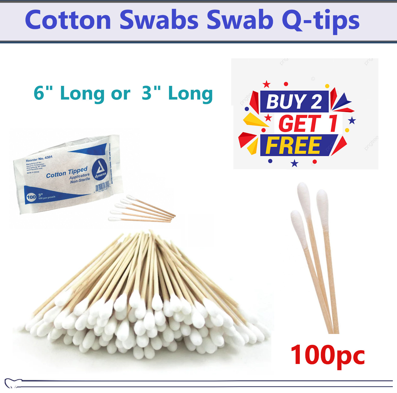 BUY 2 GET 1 FREE! 100 Cotton Swab Applicator Q-tip Swabs 6″ or 3″ Wood Handle