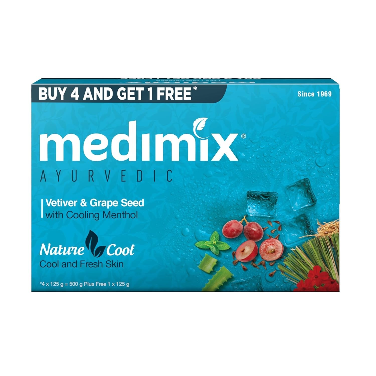 Medimix Cool Ayurvedic Soap 125g x 5 Menthol Vetiver Grape Seed Vegan