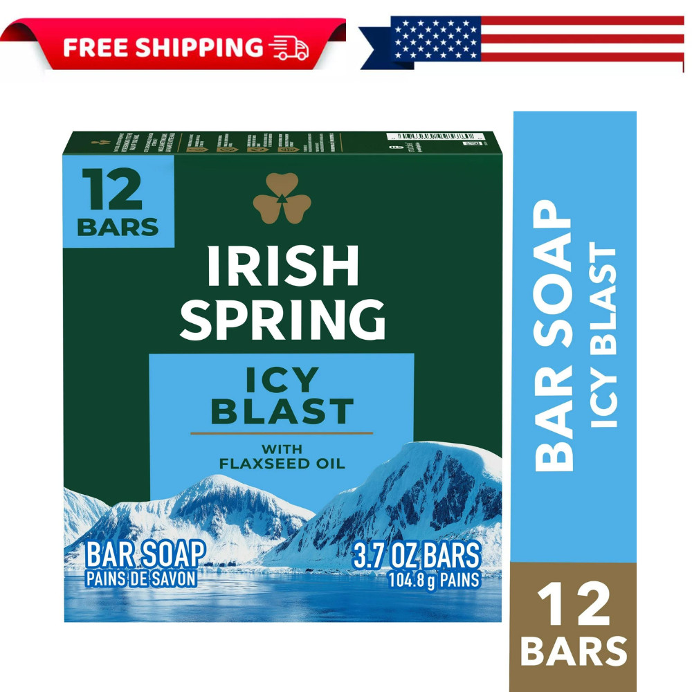 Irish Spring Icy Blast Bar Soap for Men, Mens Bar Soap, 12 Pack, 3.7 oz Soap Bar
