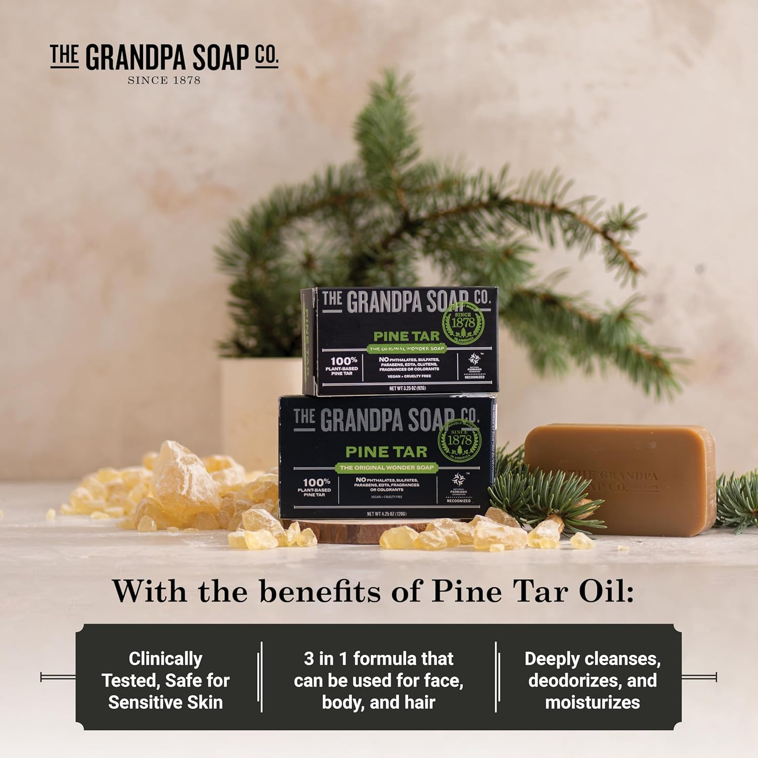 The Grandpa Soap Company Pine Tar Bar Soap for Men- Made with Pine Tar Oil, 3 in