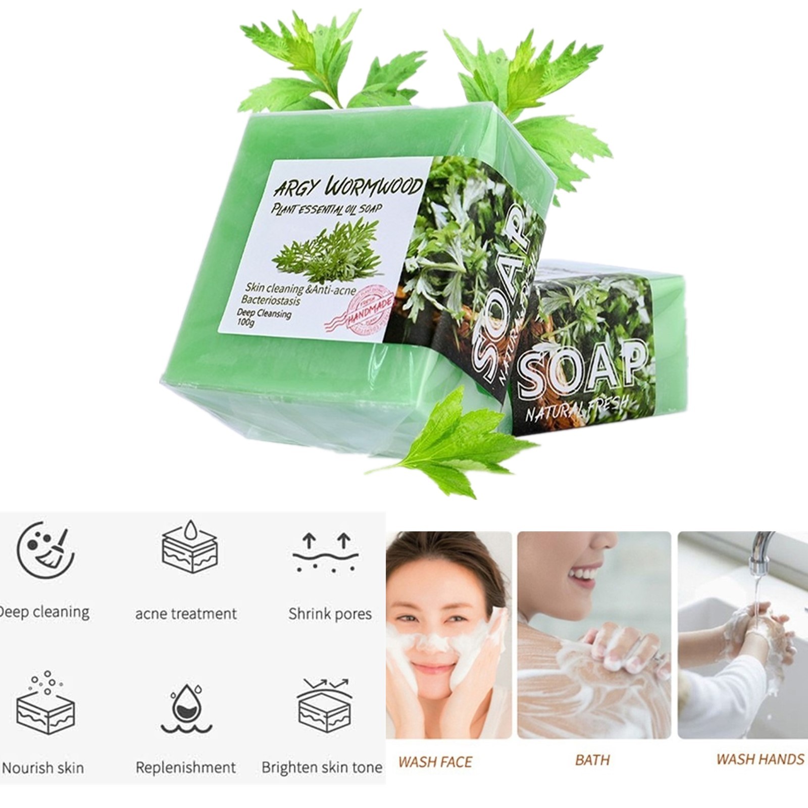 3PCS Argy Wormwood Daily Use Handmade Soap Moisturizing Essential Oil Soap