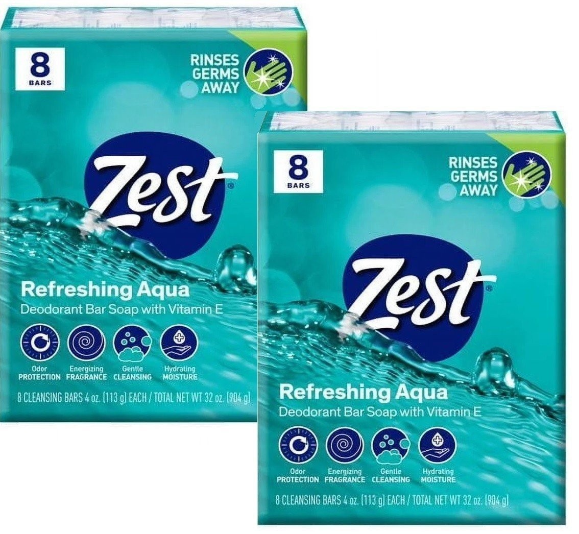 Zest Deodorant Bar Bath Soap, Hydrating Moisture, Aqua, 4 oz, 8 Bars, Pack of 4