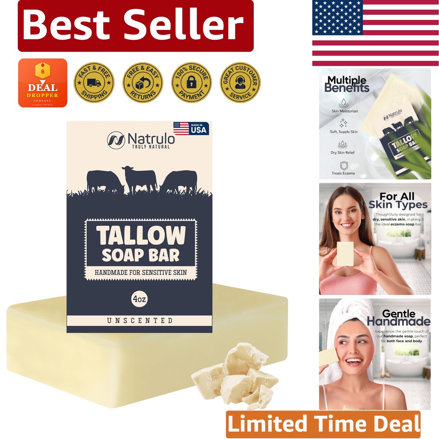 Handcrafted Unscented Beef Tallow Soap – Moisturizing 4oz Bar for Kids & Adults
