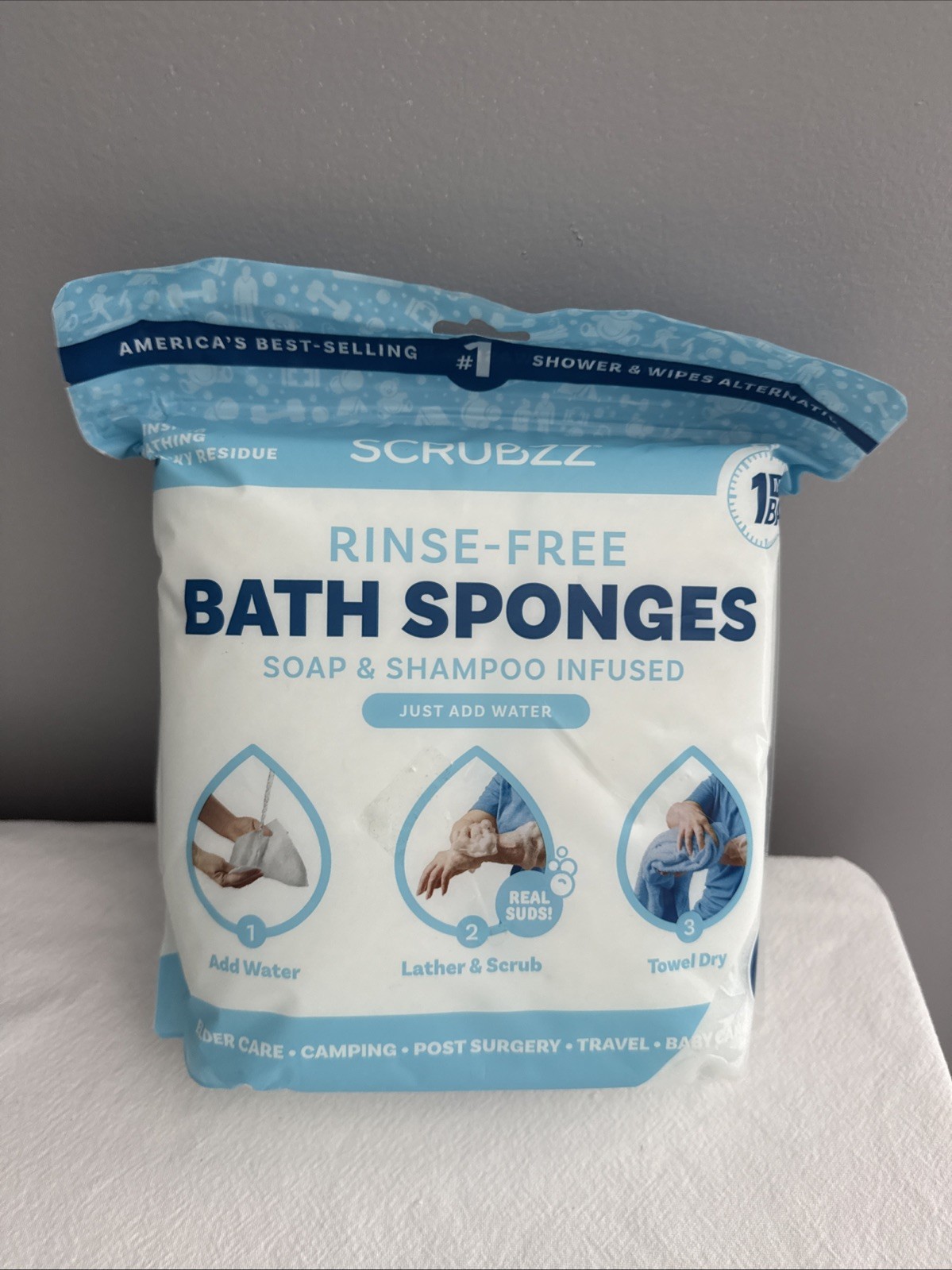 Scrubzz Disposable No Rinse Bathing Wipes Sponges 25 Pack All-In-1 Single Use