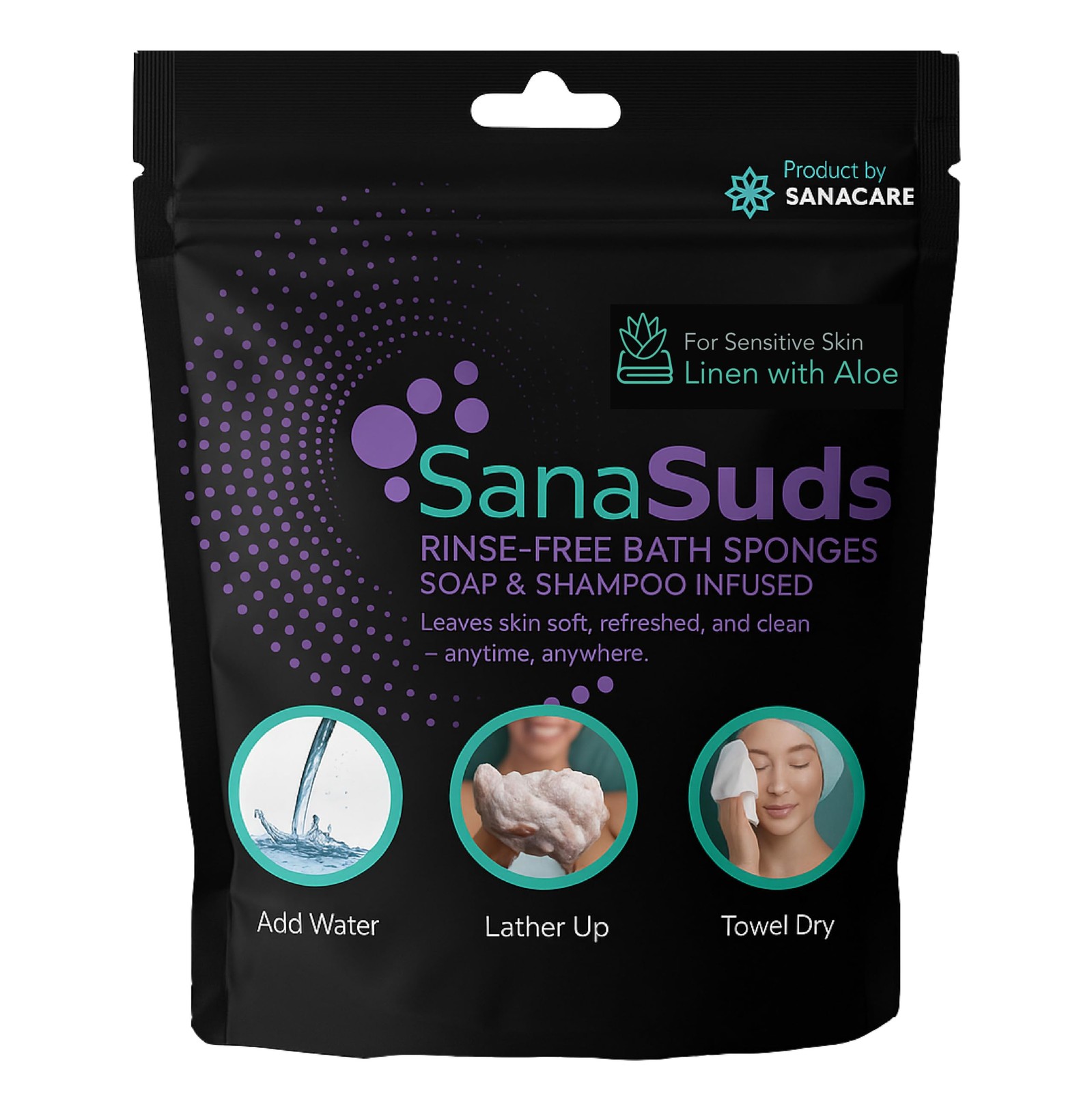 SanaSuds Rinse-Free Bath Sponges,Linen with Aloe 25 Count (Pack of 1), White