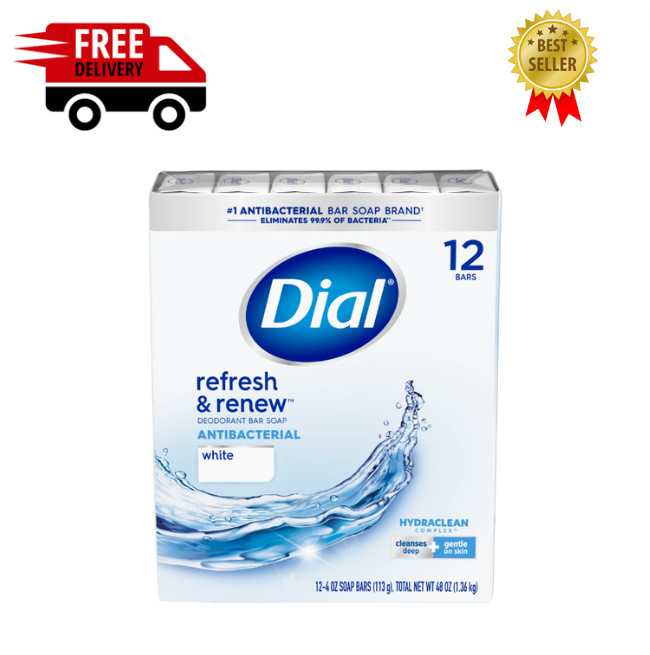 Dial Antibacterial Bar Soap, Refresh & Renew, White, 4 oz, 12 Bars