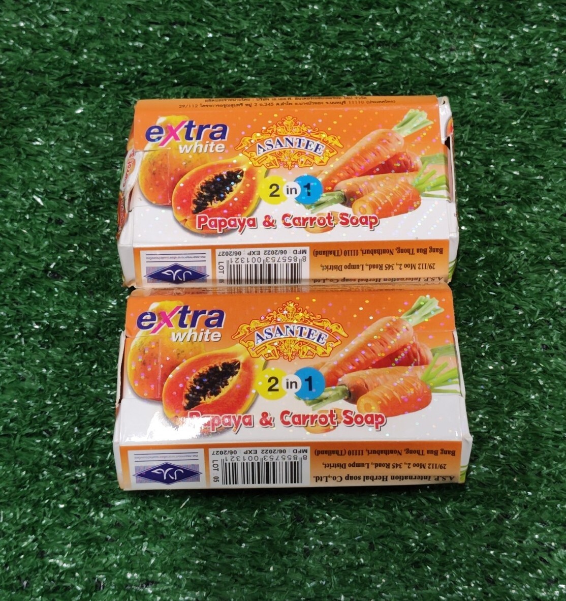 LOT OF 2 Asantee Papaya & Carrot Thailand Herbal Lightening 2 In 1 Soap Extra Wh