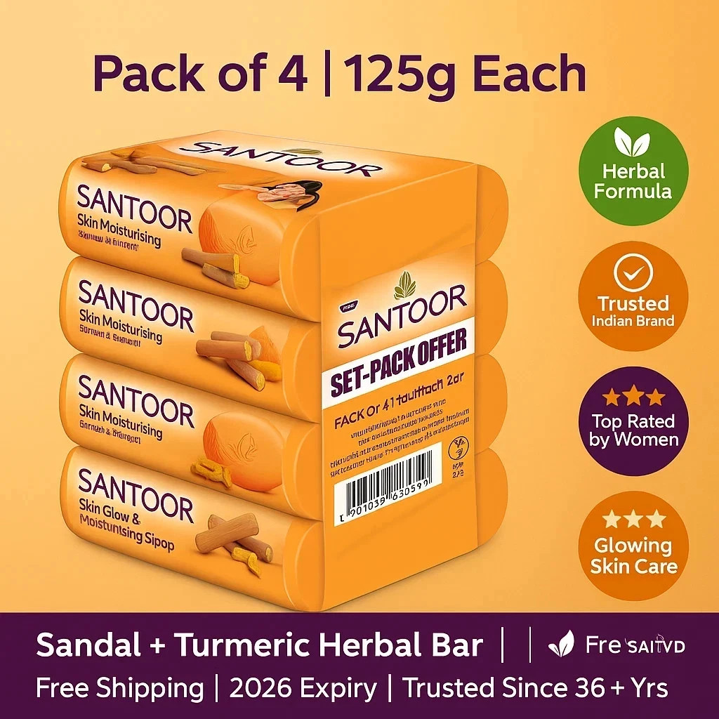 Santoor Sandal & Turmeric Soap 125g x 4 | Skin Glow Care Bar | 2026 | Herbal