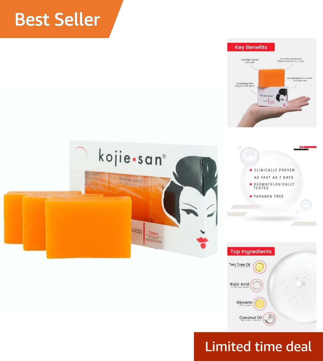 Kojic Acid Soap: 3 Bars of Organic Coconut & Tea Tree Nourishment 65g