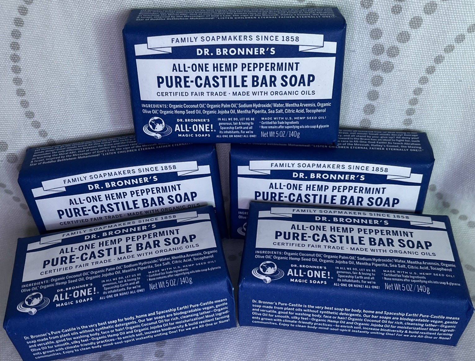 Dr. Bronner’s Pure Castile Bar Soap All-One Hemp Peppermint; Five 5oz Bars