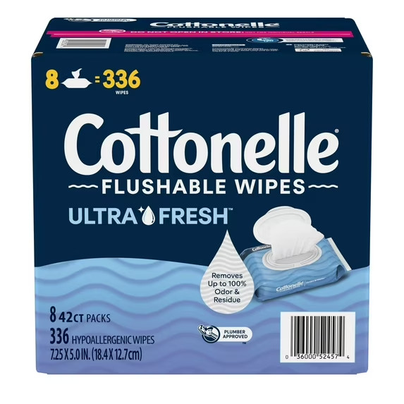 Cottonelle FreshFeel Flushable Wet Wipes for Adults and Kids, 8 Flip-Top Packs