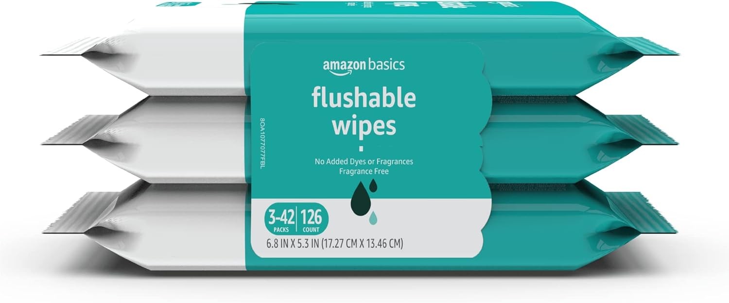 Amazon Basics Adult Wet Wipes Flushable Fragrance Free, 42 Count (Pack of 3)