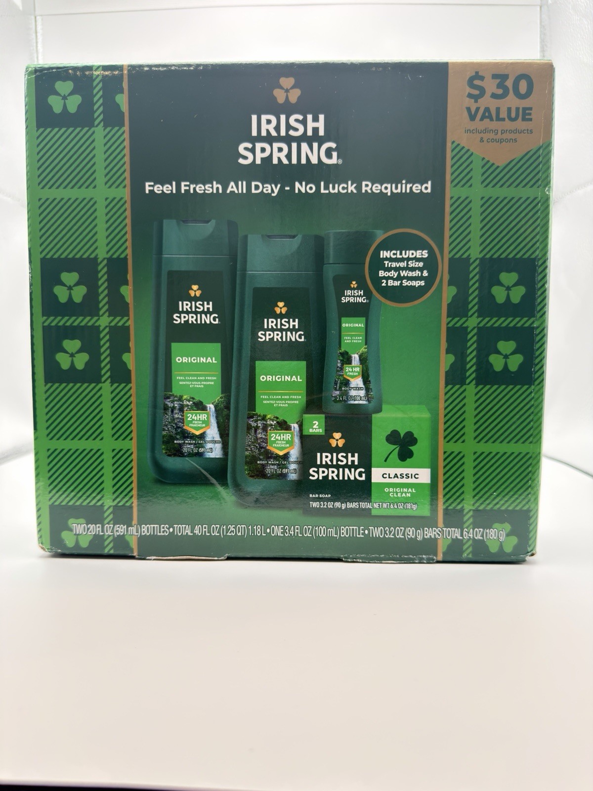 Irish Spring Body Wash 20 Oz Bottles & Travel Size Bar Soap Gift Set