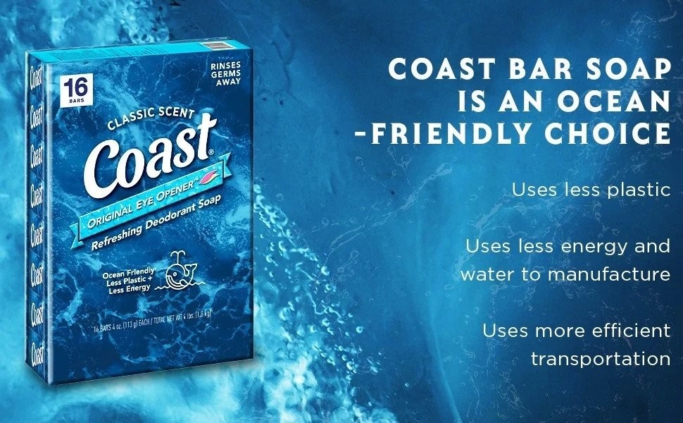 Coast Refreshing Deodorant Bar Soap Classic Scent, 32 Bars, 4 oz Each