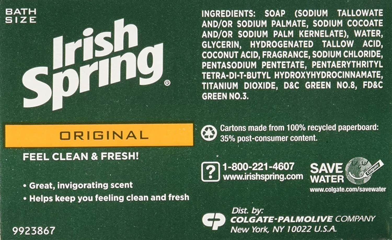 Irish Spring Original Deodorant Bar Soap 6.4 Oz Classic Fresh Clean Scent