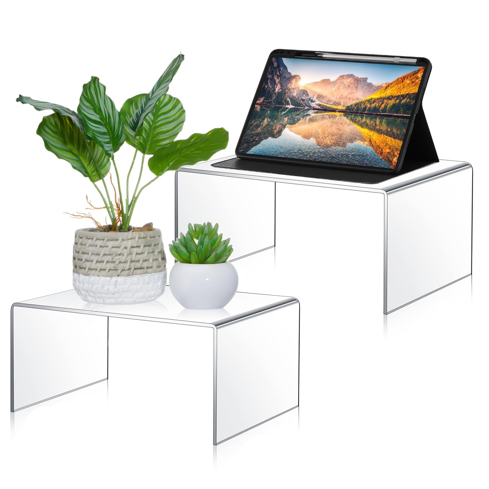 RattanView 2 Pcs 12 Inch, 14 Inch Large Acrylic Risers Display Stands 5 mm Thick