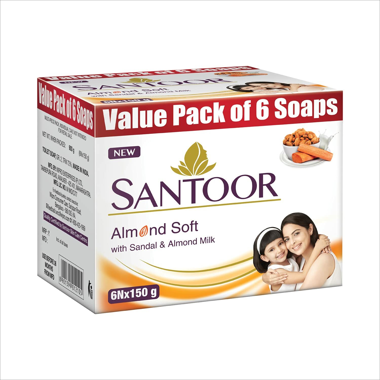 6 No. Santoor Sandalwood and Almond milk Organic Soft Bath Soap 150 g -Free Ship