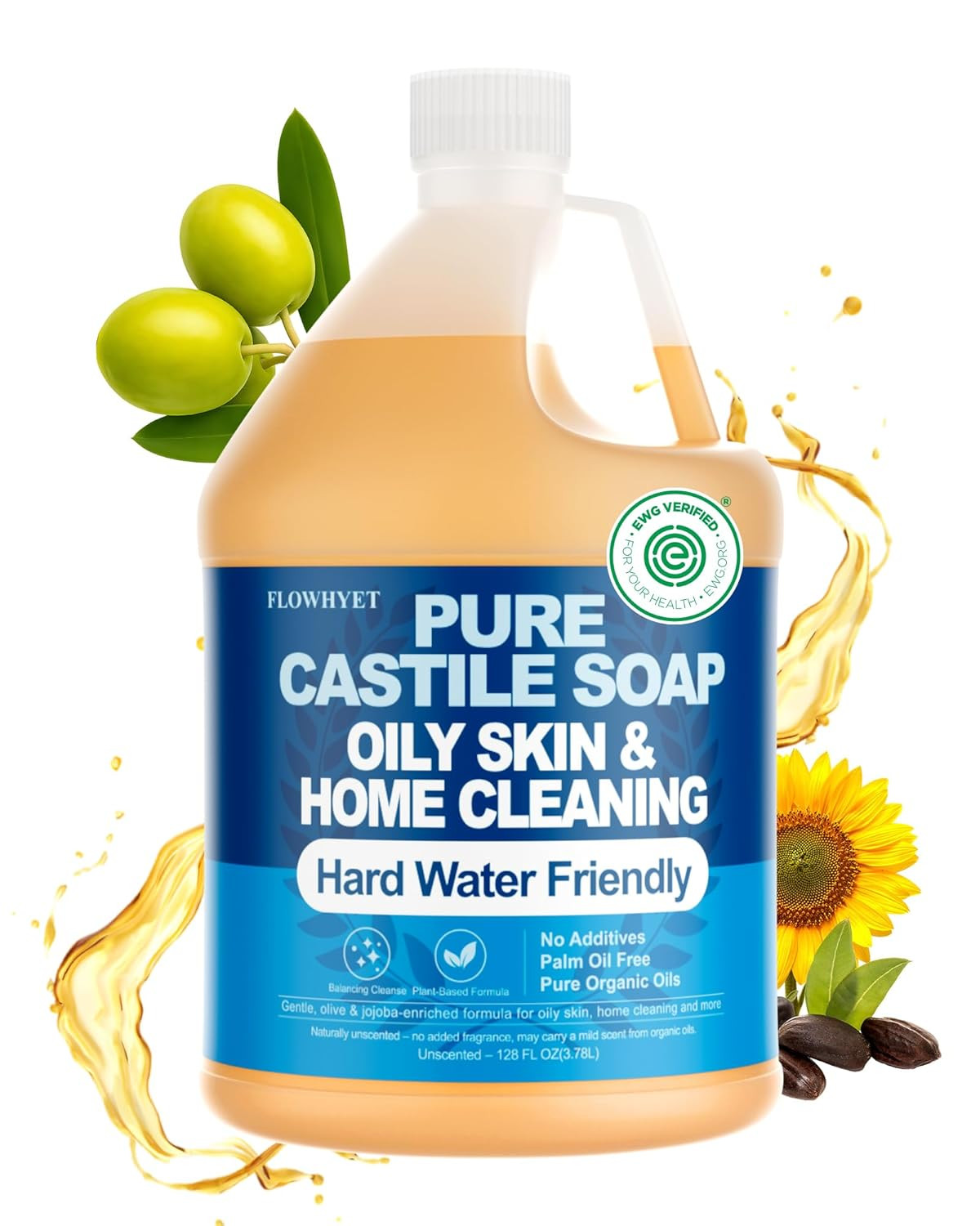 EWG Verified 1Gallon Pure Castile Soap Liquid, Organic Hand Soap Refill, Natural