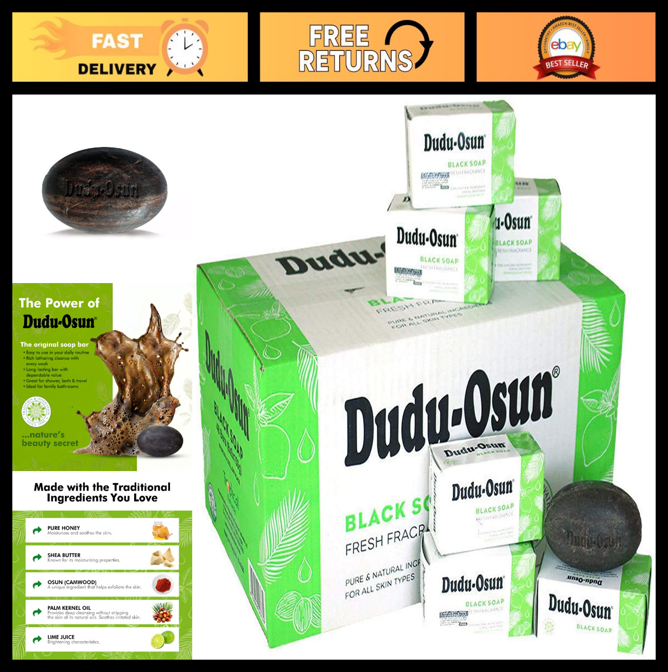 Authentic African Black Soap Bar 5.3 oz – 24 Count Bulk Pack, Shea Butter & Hone