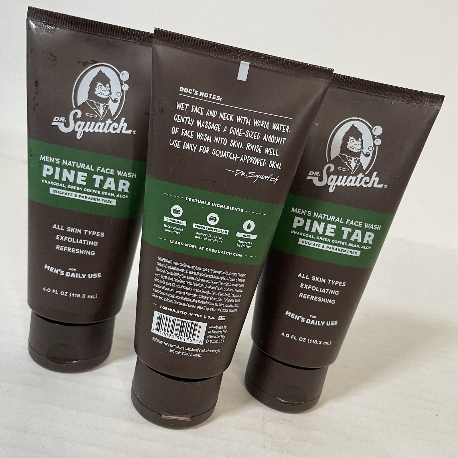 Dr Squatch PINE TAR Natural Face Wash 4 Fl Oz X3 Charcoal Aloe SEALED