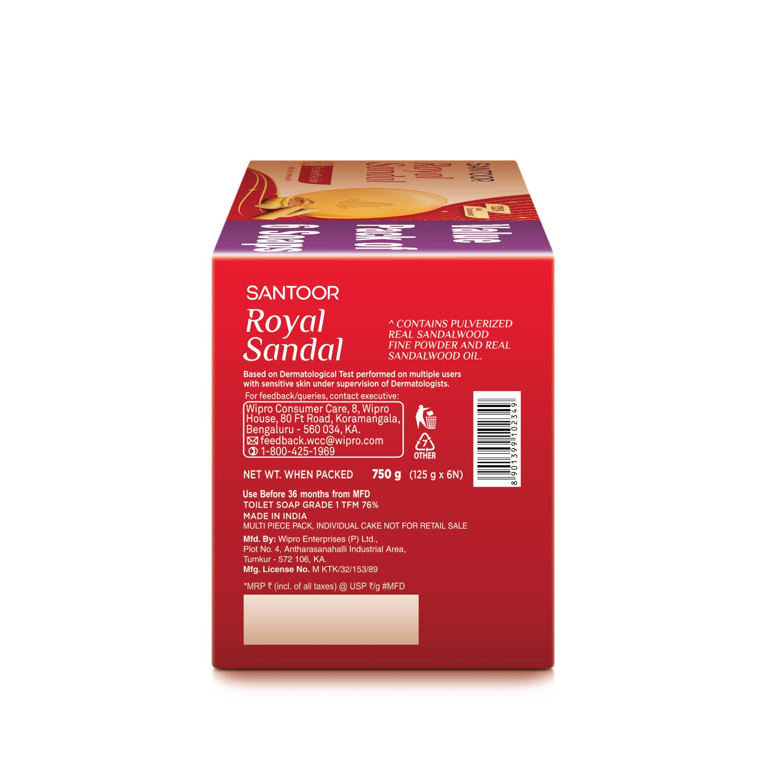 6No. Santoor Royal Sandal Bathing Soap for Sensitive Skin -125g -Free Ship
