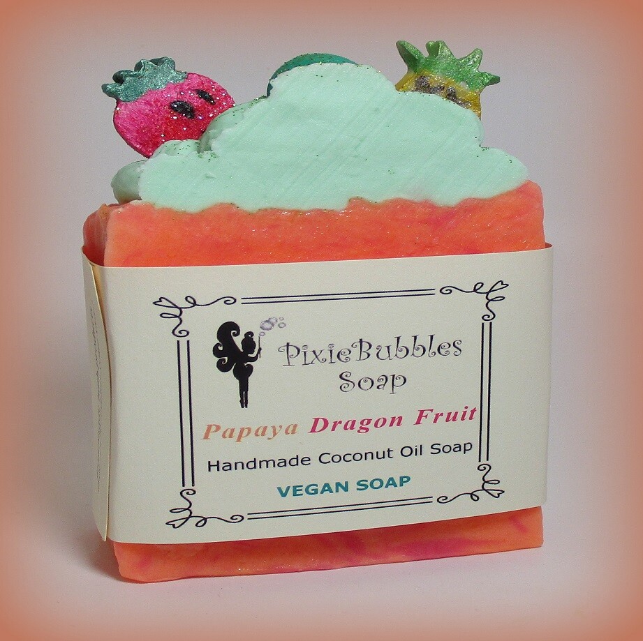 Handmade Soap 6 oz. PixieBubbles PAPAYA DRAGON FRUIT VEGAN Coconut Oil & Shea
