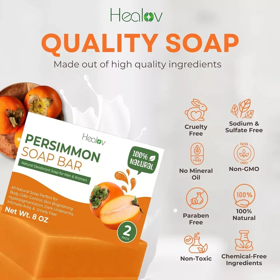 Persimmon Soap Bar Body Odor Control Deodorant Soap for Men & Women ( 2 X 8oz )