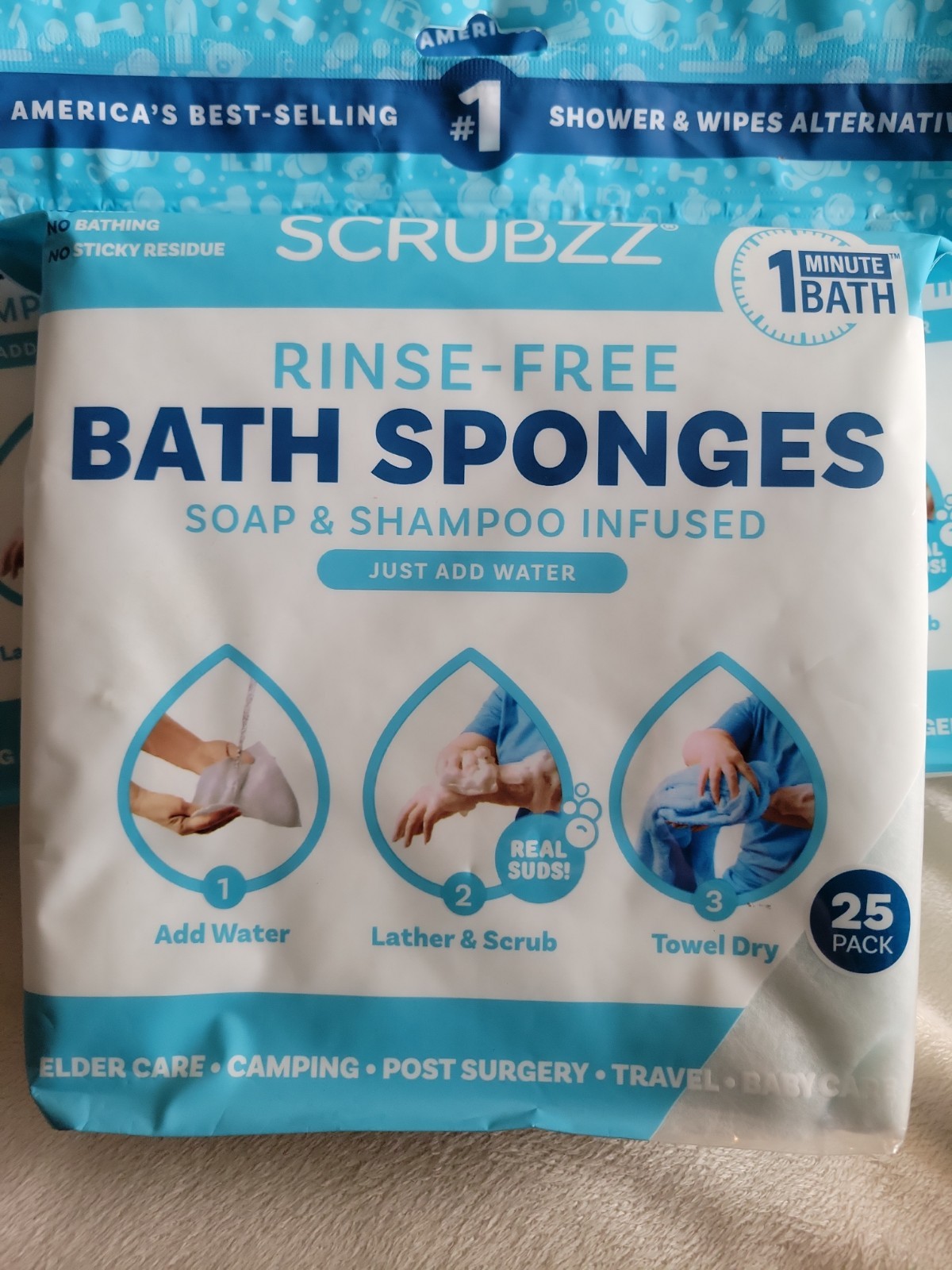 Lot of 3 SCRUBZZ Rinse-Free Bathing Sponges Just Add Water Baby Elderly 75 Total