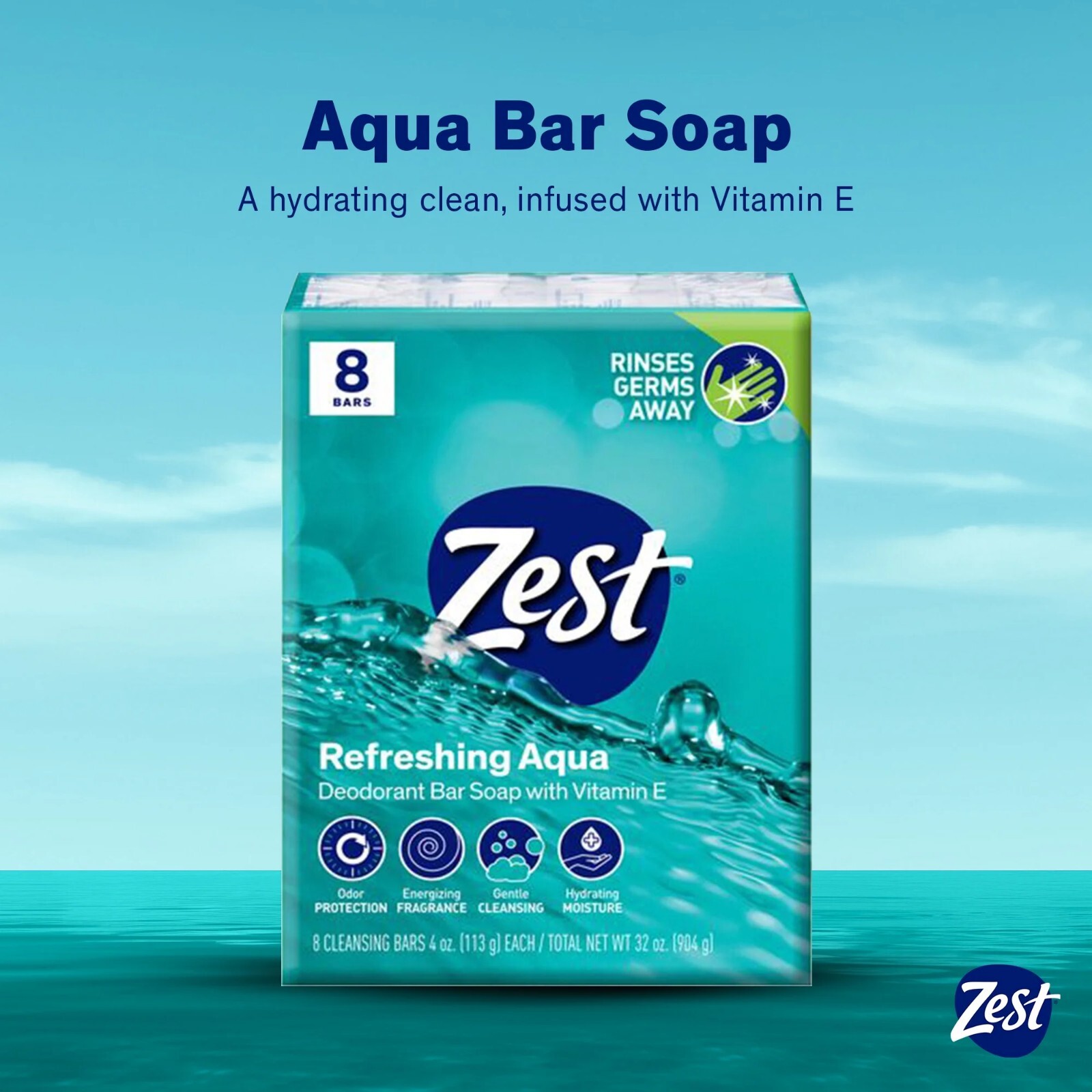 Deodorant Bar Soap, Hydrating for All Skin Types, Aqua, 4 oz, 8 Bars