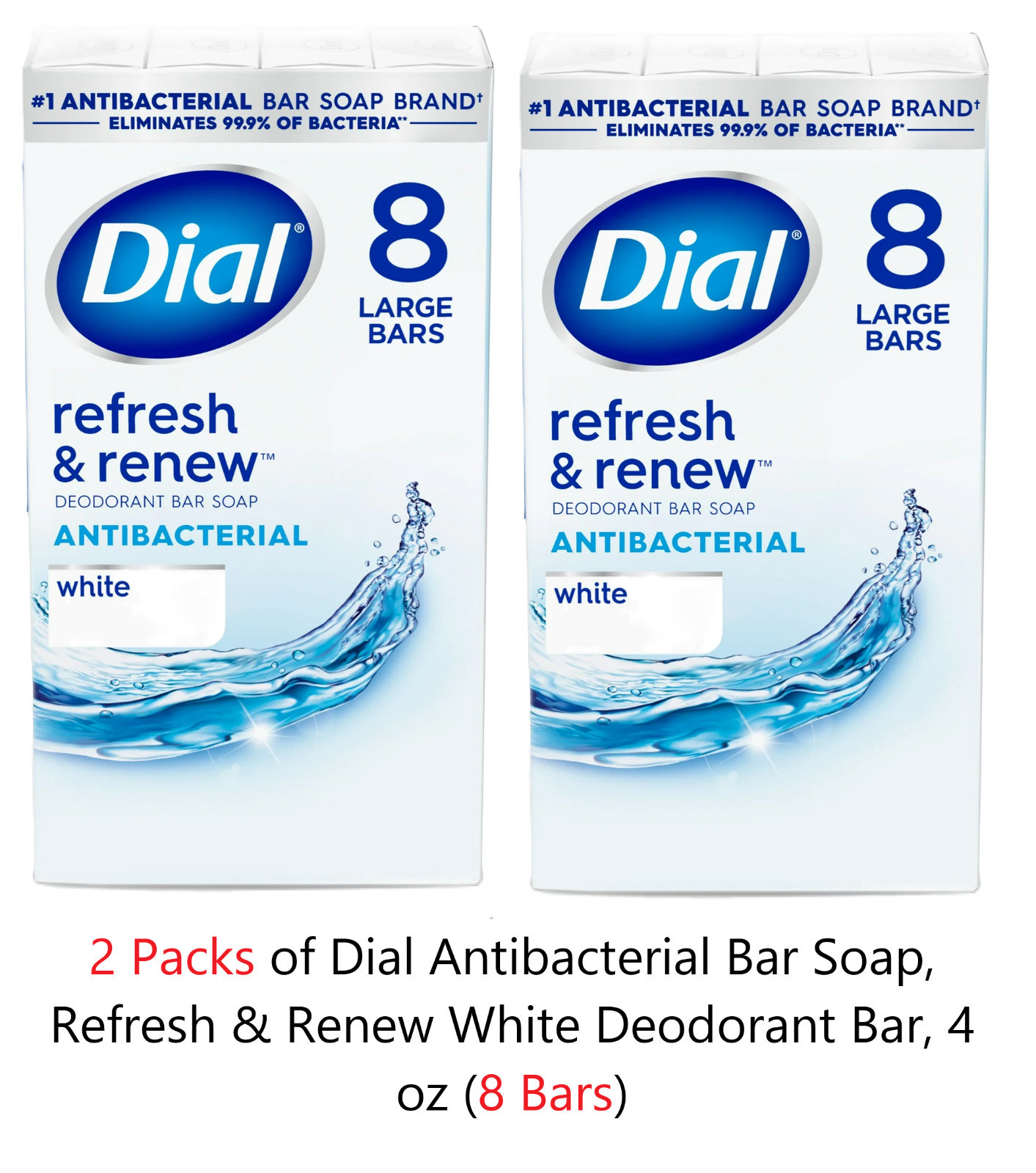 Dial White Antibacterial Deodorant Bar Soap Refresh Renew 4 oz 8 Bars Total New