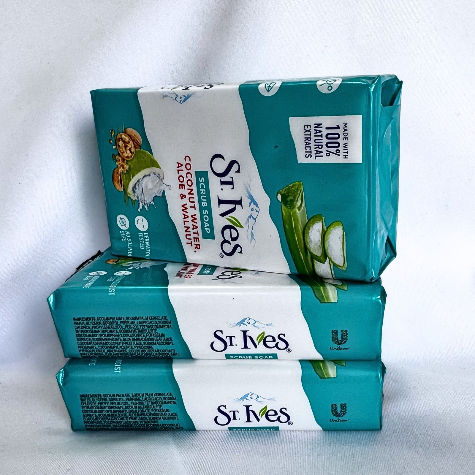 2 pack of 100% Natural St Ives Coconut Water, Aloe vera & Walnut Bar Soap
