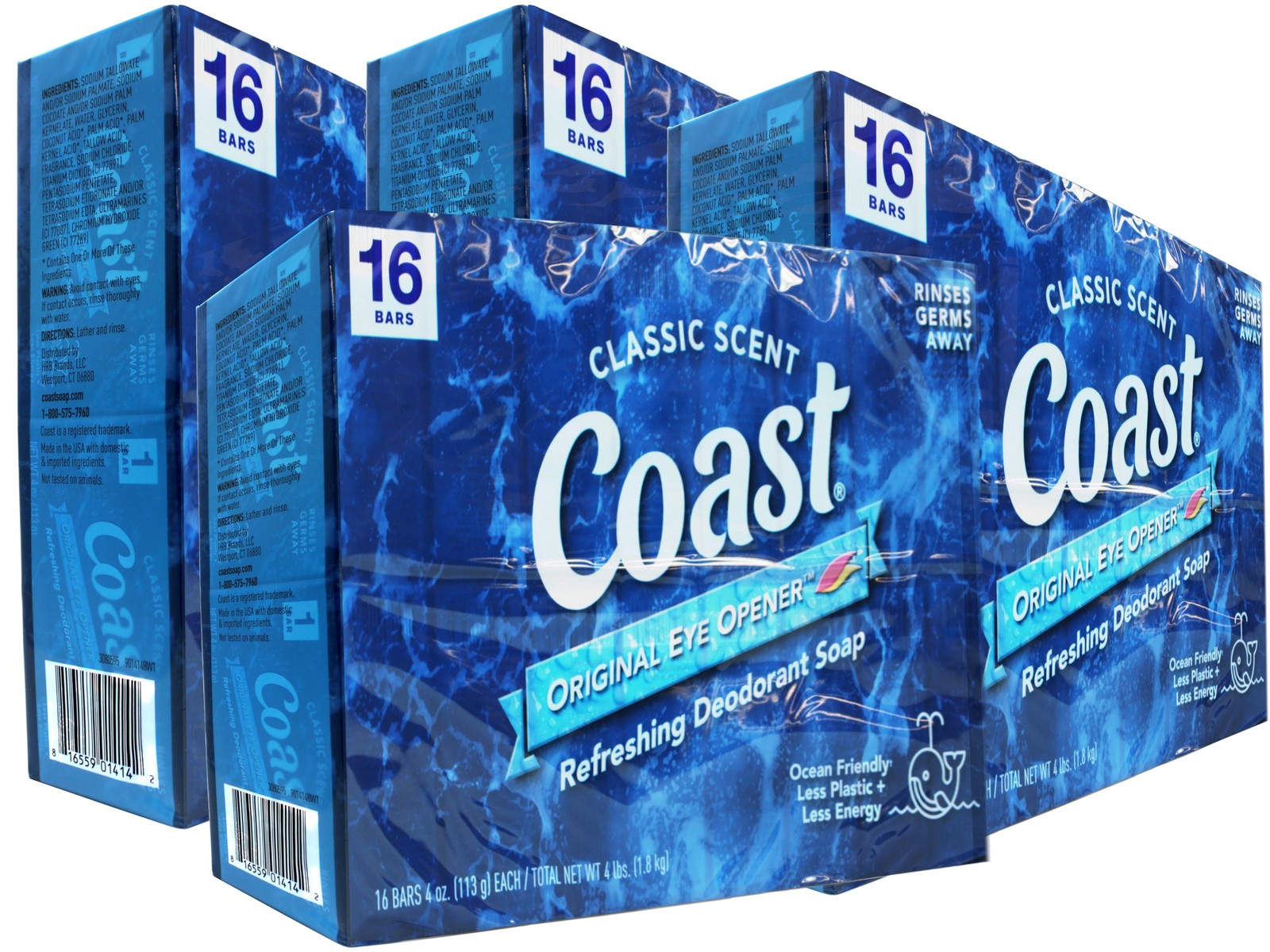 4 Pack Coast Refreshing Deodorant Bar Soap Classic Scent, 16 Bars, 4 oz Each
