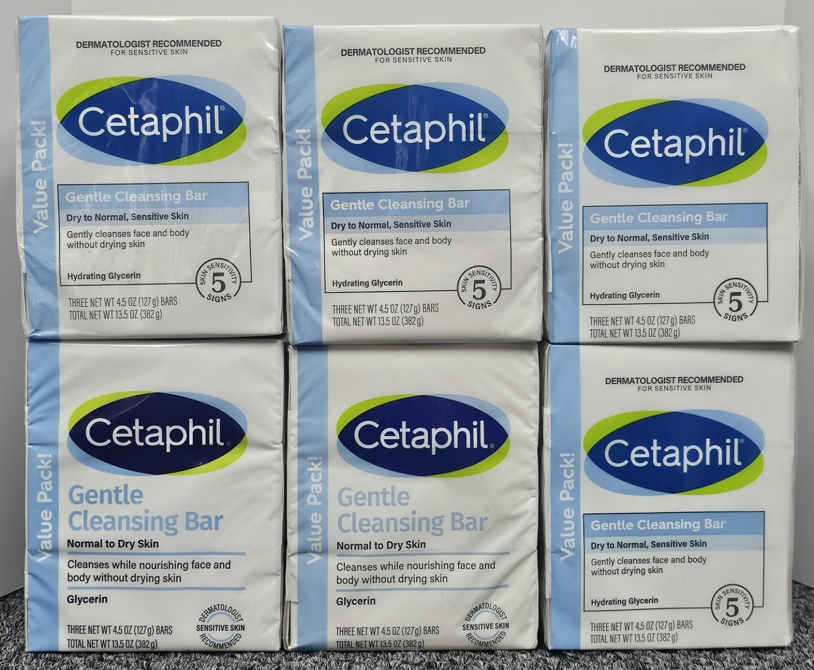 6 X 3pk Cetaphil Bar Soap GENTLE CLEANSING Face and Body TOTAL 18 bars