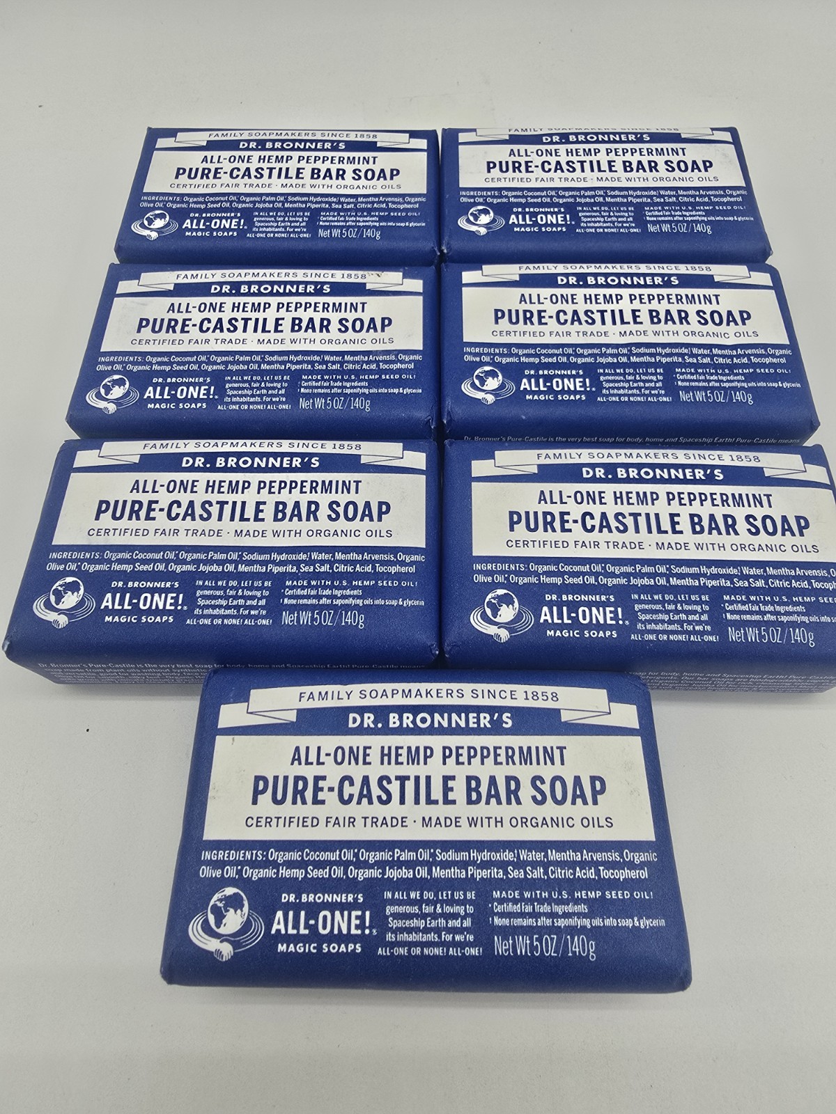 7 BARS Dr. Bronner’s Organic All-One Pure-Castile Bar Soap, Hemp Peppermint 5oz