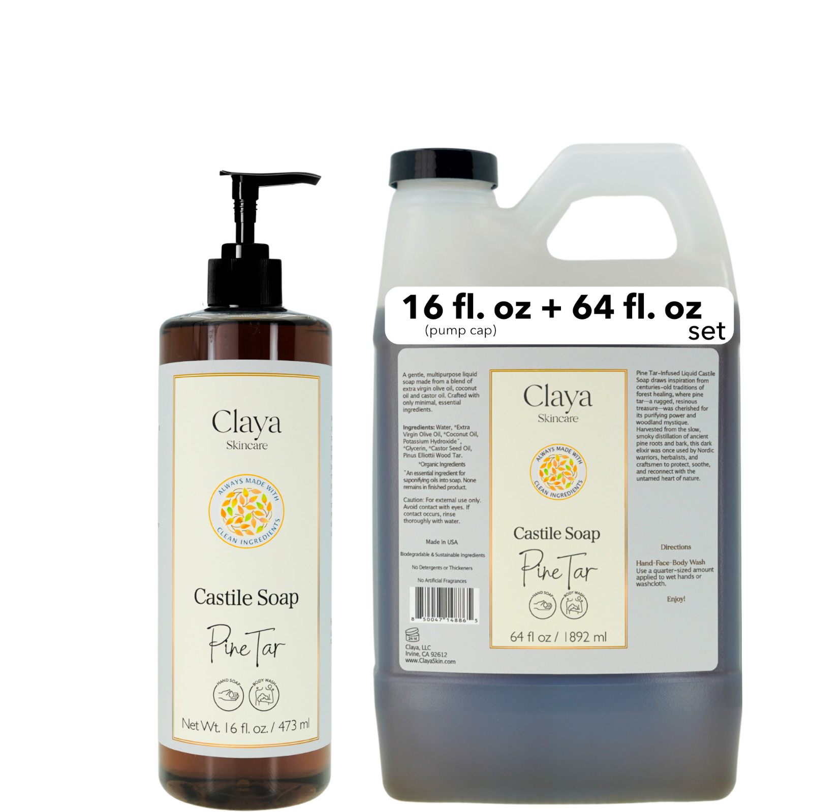Pine Tar Liquid Castile Soap Set – Organic ingredients , Gentle for skin