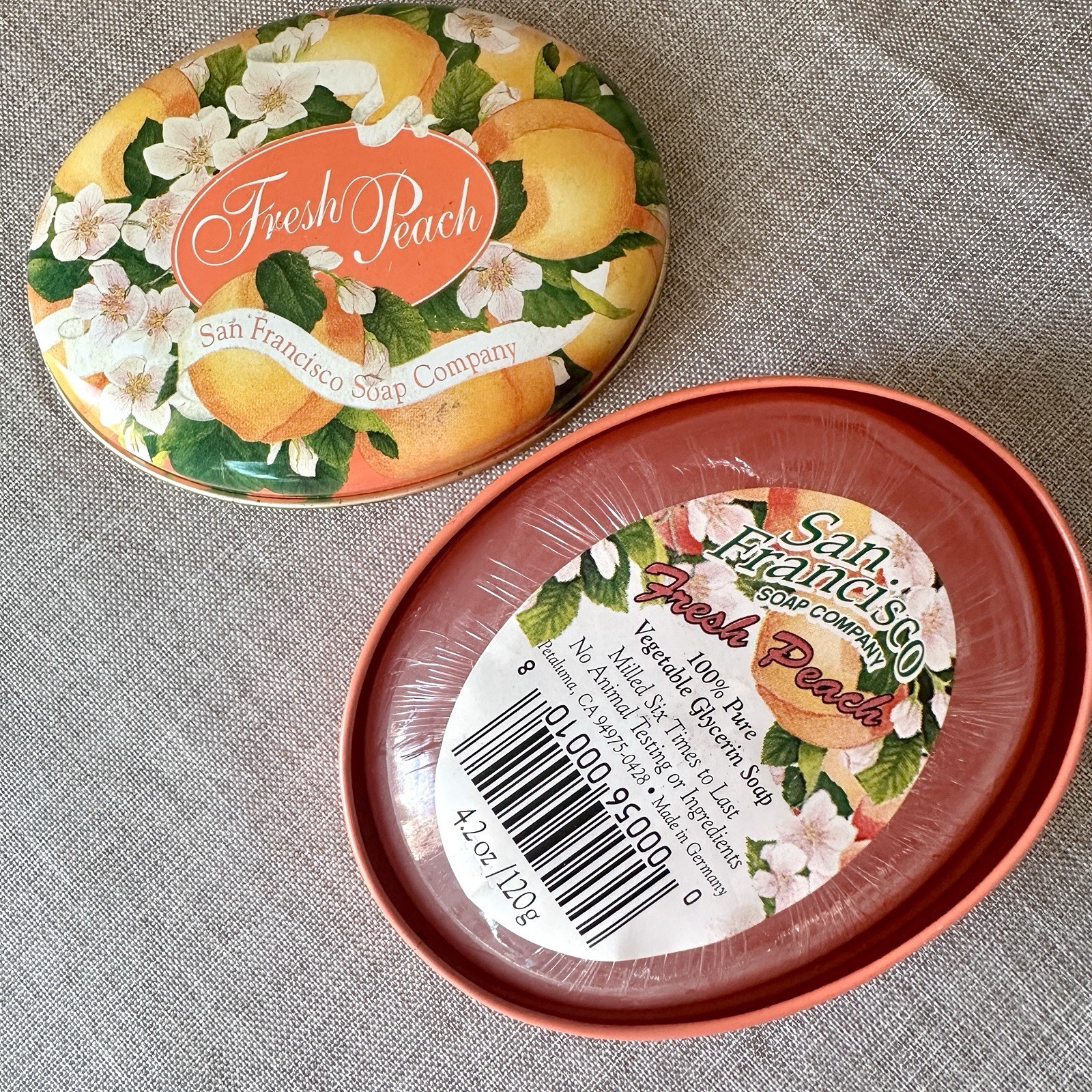 NEW Vintage San Francisco Soaps Co Fresh Peach Soap 4.2oz Bar In Collectible Tin