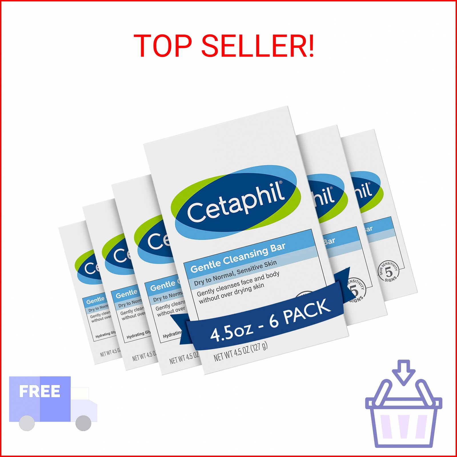 Cetaphil Gentle Cleansing Bar Soap, Sensitive & Dry Skin, 4.5oz, 6ct